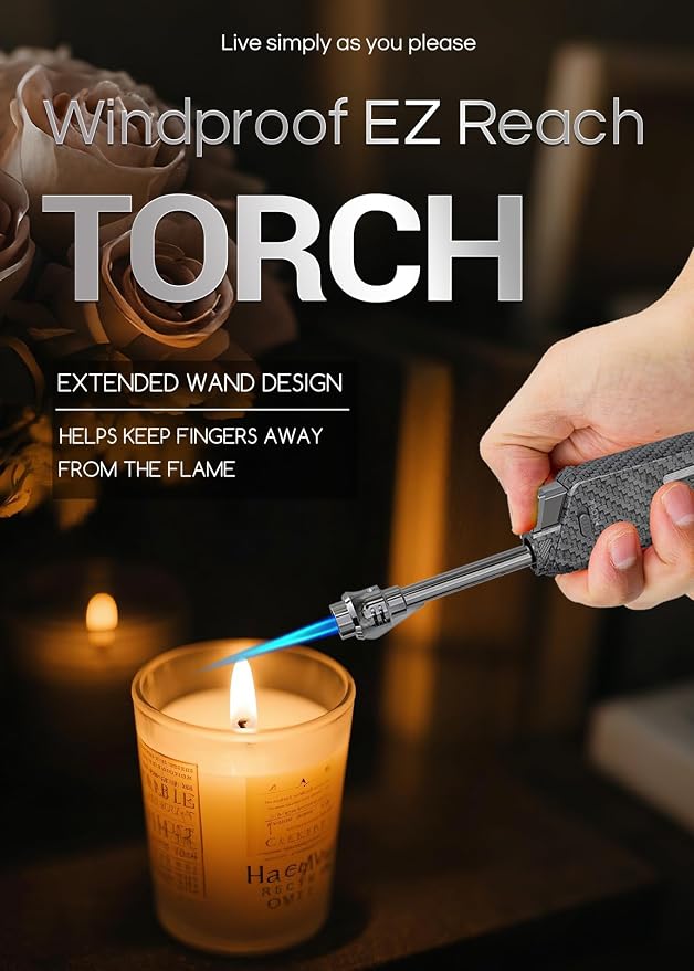Butane Torch Lighter Jet Flame, Windproof Torch Lighter Refillable, Adjustable Butane Lighters for Candle Fireplace Camping BBQ Lighters Gift for Man Women, with Extended Tip, 2 Pack (Without Fuel)