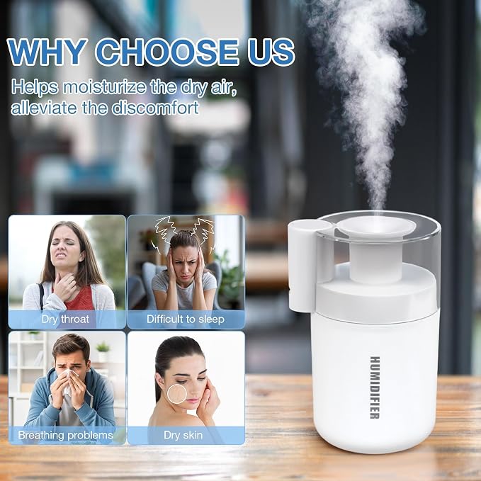 Mini Humidifier, Small Cool Mist Humidifier USB Personal Portable Quiet Table Desktop Humidifiers for Cooling Home Office Car Summer Travel (180ml, White)