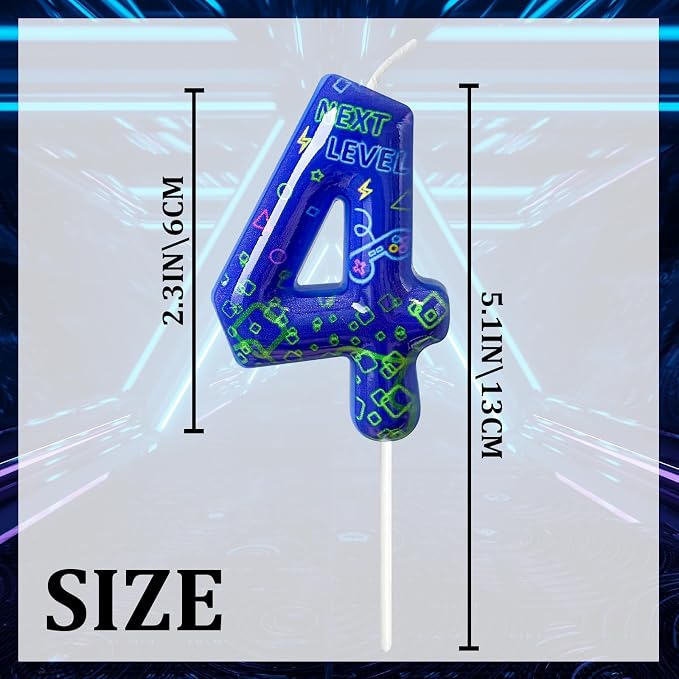 Number 4 Birthday Candle for Cake – Blue Gaming Theme Number Candle with “Next Level” Design, Video Game Style Cake Topper for Anniversary & Celebration