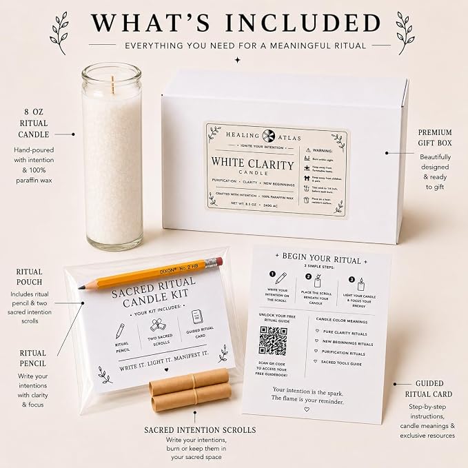 White Clarity Manifestation Candle Kit – 8" Ritual Prayer Candle with Intention Scrolls, Pencil & QR Guide for Clarity, Focus, Spiritual Growth & Mindfulness