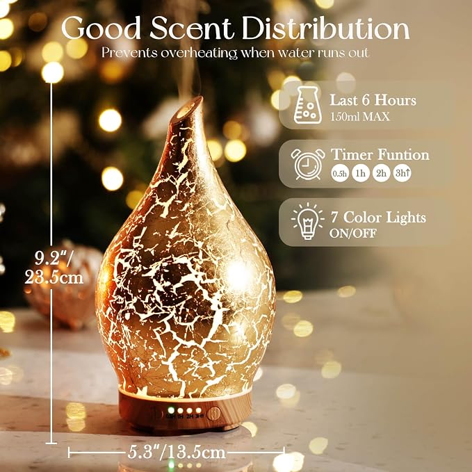 Porseme Essential Oil Diffuser Glass Aromatherapy Ultrasonic Humidifier, Air Refresh Auto Shut-Off, Timer Setting, BPA Free for Home Hotel Yoga Leisure SPA Gift 150ml Last 6H