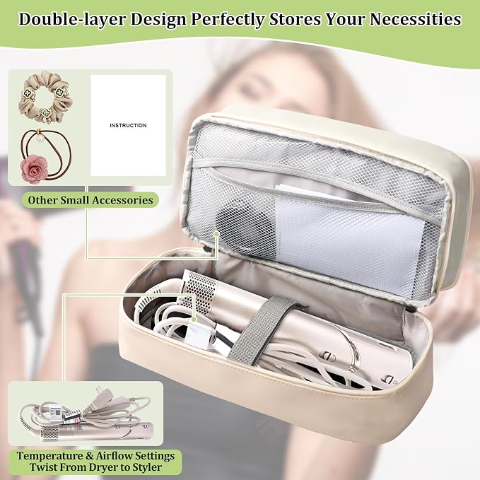 Travel Carrying Case for Shark Flex Style, Double Layer Storage Case for Shark SpeedStyle Hair Dryer Attachments, Waterproof PU Leather Organizer Bag for Shark Airwrap Styler (Gray&White)