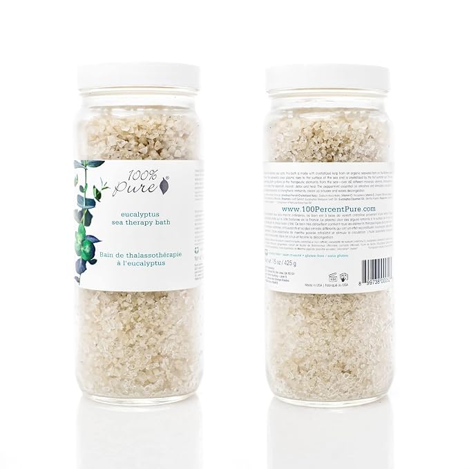 100% PURE Eucalyptus Sea Therapy Soak Bath Salts for Nourishing Skin, Relax Body & Mind Eucalyptus Essential Oils Home Spa Kit for Women & Men - 15 Oz