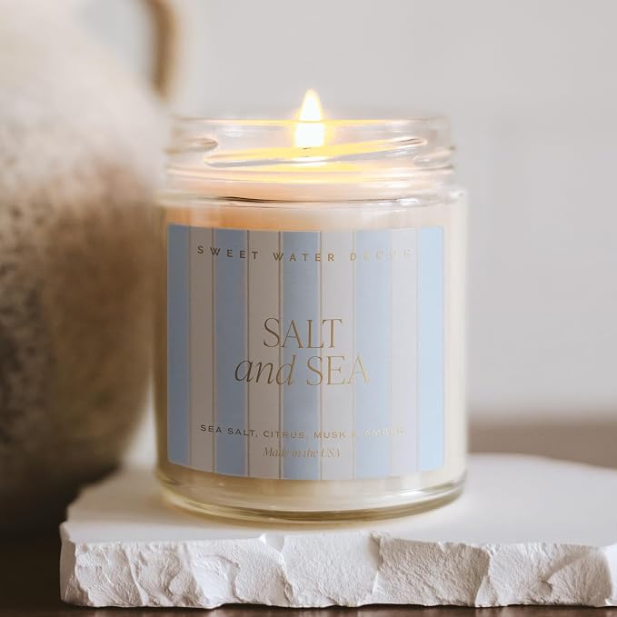 Sweet Water Decor Salt and Sea Patterned Candle – Soy Candles with Sea Salt, Citrus, Musk, Amber Aroma– 40 Hour Burn – 9oz Clear Glass Jar – Ocean Summer Candles for Home Decor