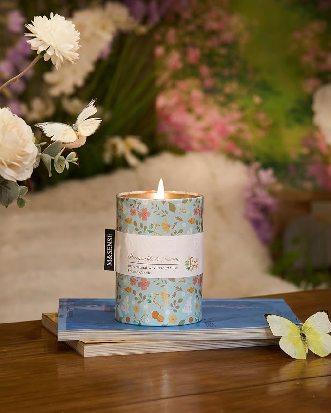 M&SENSE Spring Candle 11.3 oz,Honeysuckle Jasmine Scented Candle, Non-Toxin Soy Wax for Home Scented, Floral Candles for Women, Up to 70 Hours Burning Long-Lasting Fragrance
