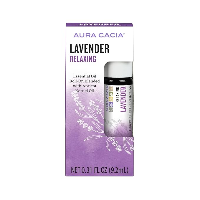 Aura Cacia Aromatherapy Roll-On, Lavender, Pre-Blended Essential Oils in Apricot Kernel Carrier Oil for a Relaxing and Soothing On-the-Go Experience | 0.31 Fl Oz (Pack of 1)