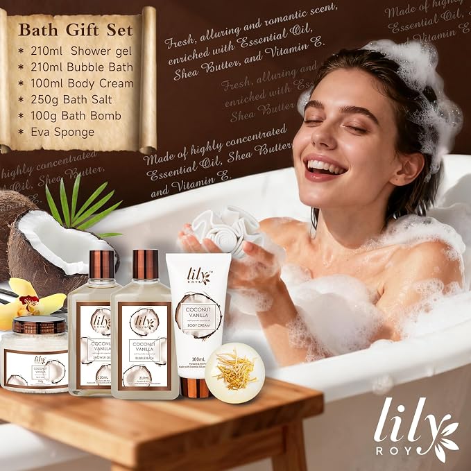 Coconut Vanilla Spa Gifts Bath Kit, 7Pcs Moisturizing Gift Set for Women Men
