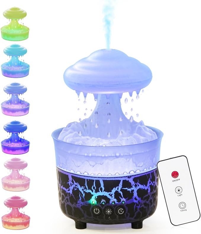 BOHOFAM Aroma Essential Oil Diffuser,Rain Cloud humidifier Simultaneously Water Drip and Air Mist,Rain Diffuser with 4 Hotel Collection Essential Oils for Home,Bedroom,Colorful Light(Black)