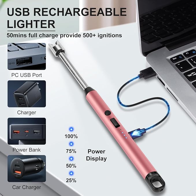 Upgraded 2 Pack Electric Candle Lighter with 360° Flexible Neck & Safety Lock, Windproof USB Rechargeable Flameless Arc Long Lighters for Grill, BBQ, Camping, Fireplace, Stove (Rose Gold & Silver)