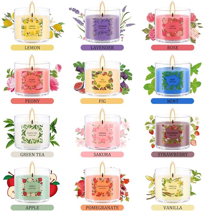 24 Pack Scented Candles Set, 2oz Soy Wax Acrylic Tea Lights with 12 Assorted Fragrances, Long Lasting Aromatherapy Candles for Home Decor, Gift Ready for Christmas Birthday Housewarming