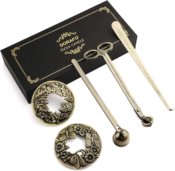 5 Pieces Candle Care Kit with Gift Box, Including Wick Trimmer、Candle Snuffer、2 Candle Toppers and Wick Dipper, Antique Brass Accessories Set for Candle Maintenance & Decoration (Antique Brass)