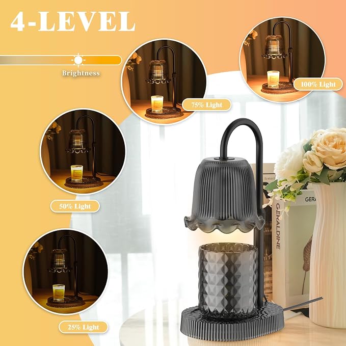 Candle Warmer Lamp with Adjustable Height - Flameless 4-Level Dimmable Wax Warmer, Timer Function & Stylish Design in Multiple Colors (Black1)