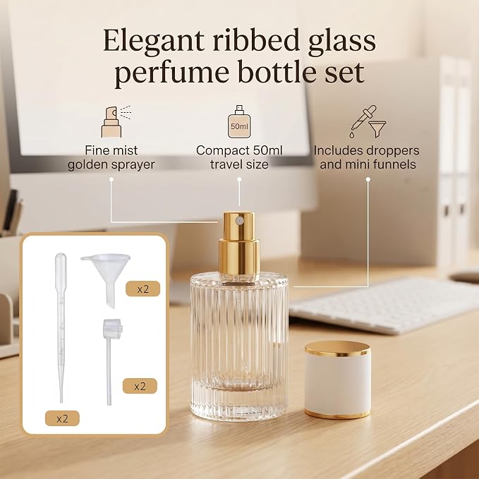 YU FENG 2 Pack Refillable Glass Spray Perfume Bottles, 50ML Clear Fine Mist Atomizer with Gold Rim & Cream Cap, Empty Portable Glass Essential Oil Spray Bottles for Travel, Home, DIY Fragrance