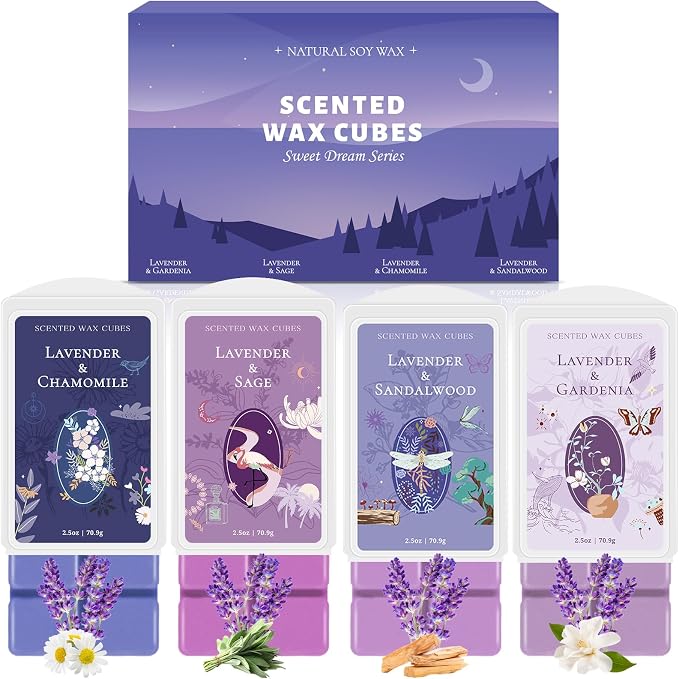 STRN Wax Melts, Lavender Scented Wax Melt for Wax Warmers, 4 Scents of Lavender & Gardenia, Sage, Chamomile, Sandalwood, Long-Lasting Summer Wax Cubes 4 x 2.5oz for Home, Spa