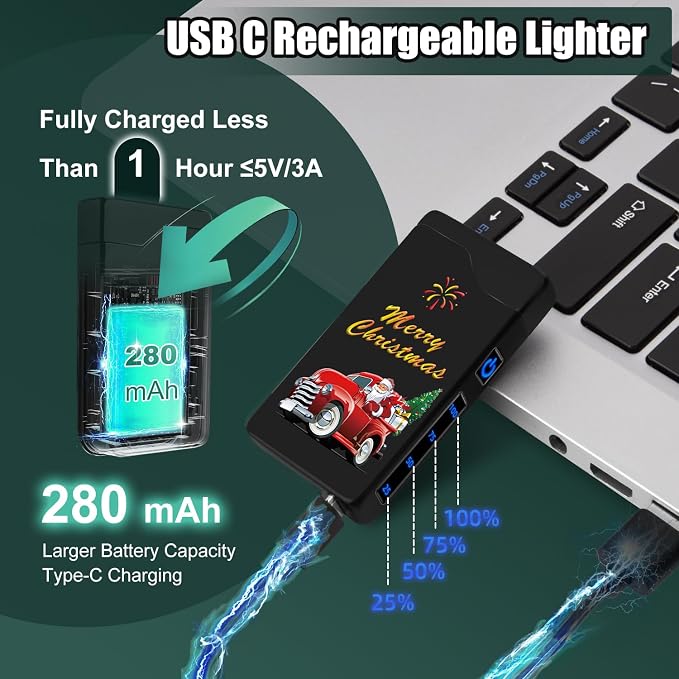 LcFun Christmas Stocking Stuffers for Men Adults, Christmas Birthday Gifts for Men, White Elephant Gifts Electric Lighter, Windproof Plasma Rechargeable Lighter for Candles, Camping (Christmas Black)