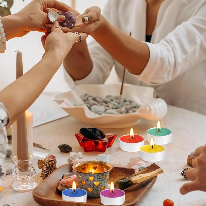 50 Pack Unscented Assorted Colors Tealights Candle - 4+Hour Clean-Burning Votive Smokeless Tea Lights for Home Decor, Rituals, Shabbat & Anniversaries & Relaxation.
