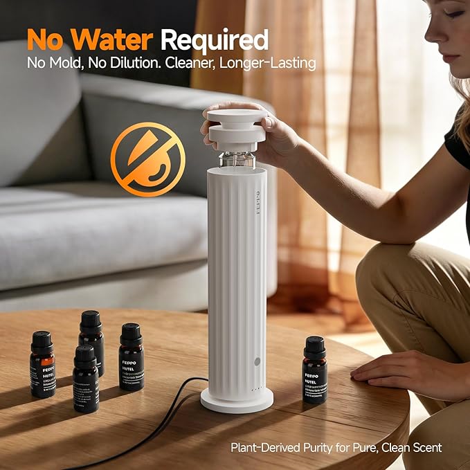 FEPPO Waterless Diffuser – Diffuser for Home, Hotel, Office | Essential Oil Diffuser Starter Kit with 5×20mL Hotel Scent Oils, 6 Scent Levels, 4 Timer Modes, Quiet Diffuser, 1000+ Sq Ft