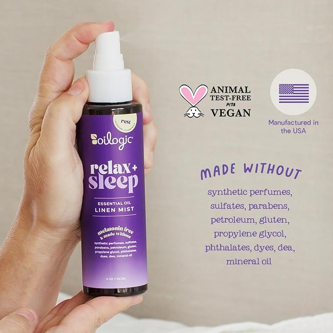 Oilogic Relax & Sleep Essential Oil Linen Spray - 100% Pure Essential Oils Promotes Restful Sleep, Comfort & Wellness - Aromatherapy Mist for Beddings, Pillows, Blankets, Pajamas & More, 4 Oz