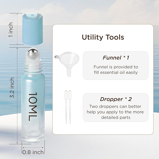SESENSE Essential Oil Roller Bottles, 10ml Thick Glass Perfume Roller Bottles with Funnel Opener and Dropper Colored Glass Empty Bottles with Stainless Steel Roller Balls (Blue, 4 Pack)