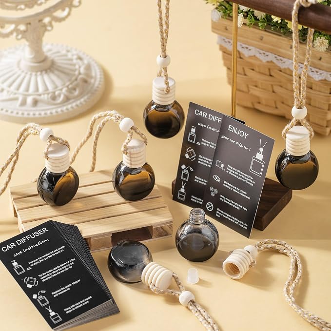 Boao 50 Sets Hanging Car Air Freshener Diffuser Bottles with 2 x 3.54 Inch Car Diffuser Instructions Cards for Empty Essential Oil Bottles(Black Card,Black Round)
