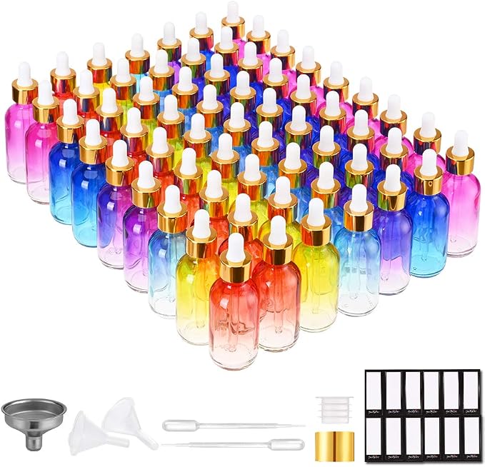 PrettyCare Glass Eye Dropper Bottles 2oz (60ml), 63 Pack Rainbow Empty Thick Bottles Bulk with Leakproof Golden Caps - With Labels & Funnels for for Storage, Travel,Essential Oils, DIY Serums, Tinctur
