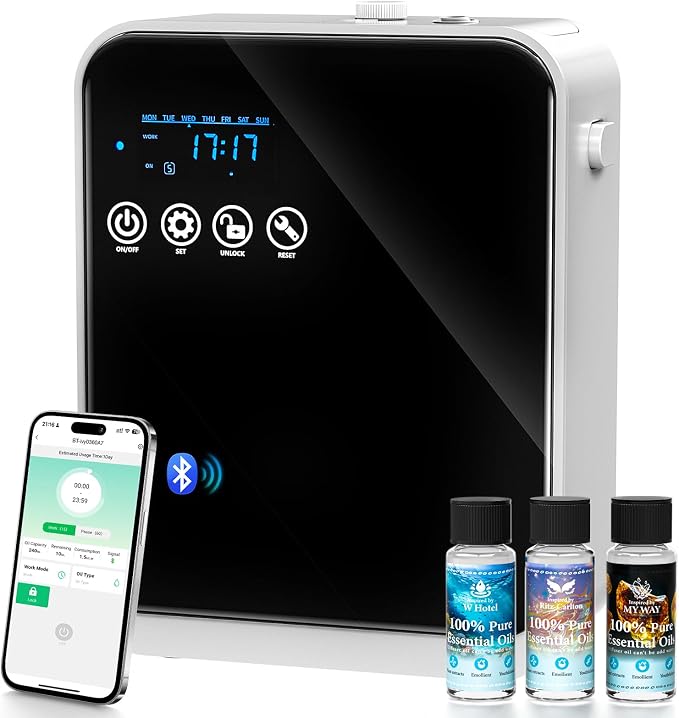 Waterless Essential Oil Diffuser,Whole House Oil Air Diffusers for Home,Hotel,Aromatherapy Scent Diffuser with APP Control & Touch Screen,1500 sq.ft Coverage,Adjustable Level & Auto Timer,Quiet,Black