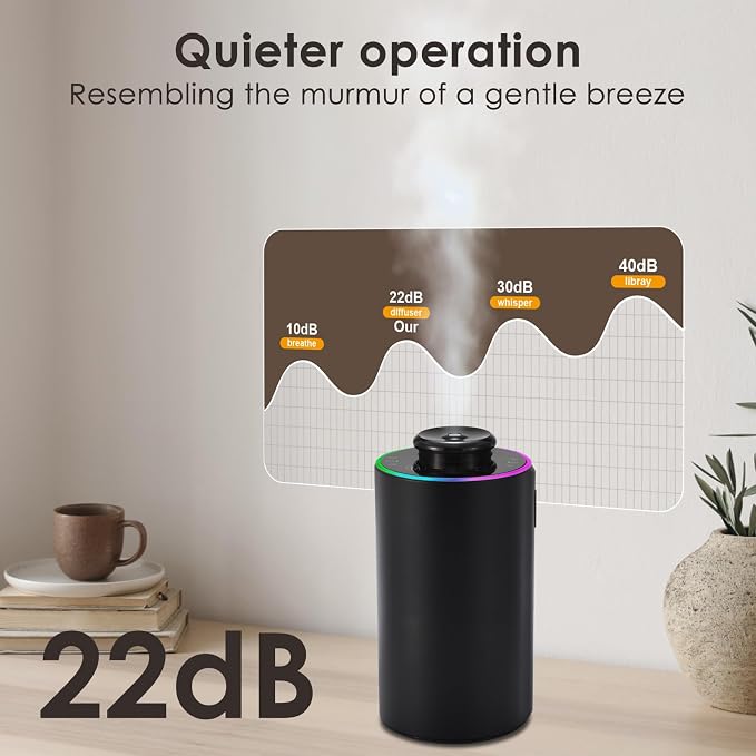 Waterless Essential Oil Diffuser with 8 Color LED Night Light, 3 Mist Levels & Timers, Portable Rechargeable Aromatherapy Diffuser for Home Car Room Studio Office, Metal (Black)
