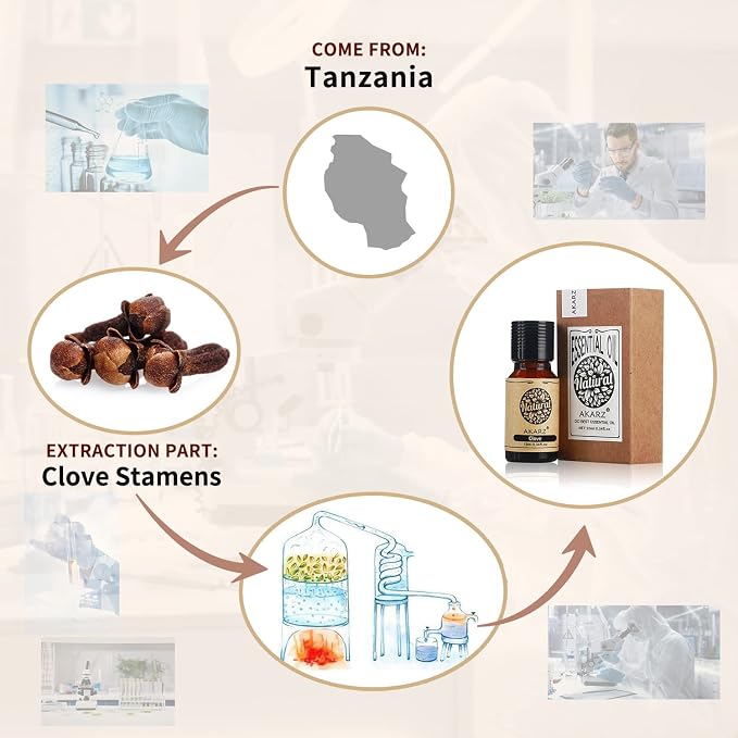 AKARZ Clove Essential Oil Natural Organic Pure Premium Therapeutic Clove Oil for Skin Body Hair Care,Diffuser, Candle,Soap,Making, DIY,Massage Aroma 0.34 Fl Oz (10ml)