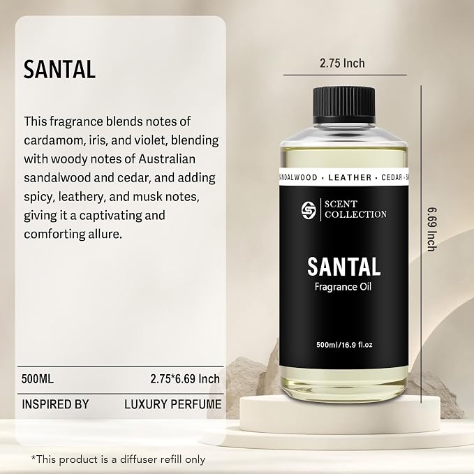 Luxury Hotel Scent Santal 500ml/16.9Fl oz Diffuser Oil Waterless Essential Aromatherapy for Cold Air & Car Diffusers – Long Lasting Refill for Large Room & Home - Signature Sandalwood