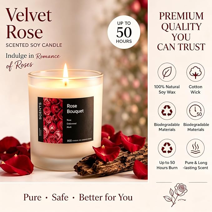 Natural Soy Wax Velvet Rose & Oud Candle, 50 Hour Long Burning Aromatherapy Candle for Relaxation, Romantic Floral Woody Aromatherapy Candle Home Décor, Spa, Yoga, Sleep & Holiday Gifts