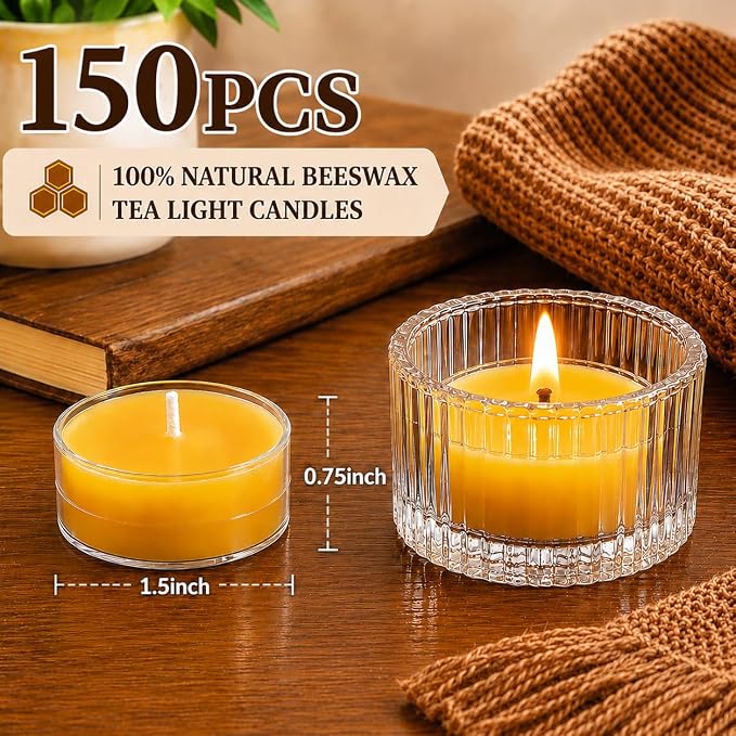 Beeswax Tea Candles 150 Pack, Non Toxic Bees Wax Tealight Candle for Home, 4 Hour Burn Time Natural Tea Light Bulk for Emergency, Organic Yellow Votive Candle for Relaxing, Meditation