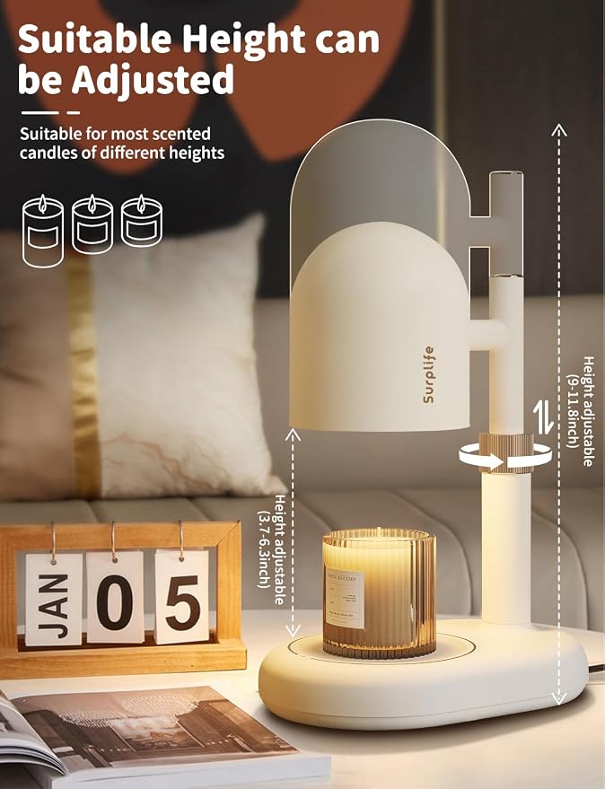 Candle Warmer Lamp with Timer & Dimmer, Adjustable Height Candle Warmer, Wax Warmer Lamp for Candles with 2 GU10 Bulbs, Home Decor House Warming Gifts
