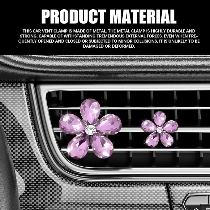 5PCS Bling Daisy Flower Car Air Vent Clips, Car Diffuser Vent Clip, Sparkling Crystal Rhinestone Cute Auto Air Conditioning Clamp, Diamond Air Outlet Clip Decor for Women Girls (Purple)