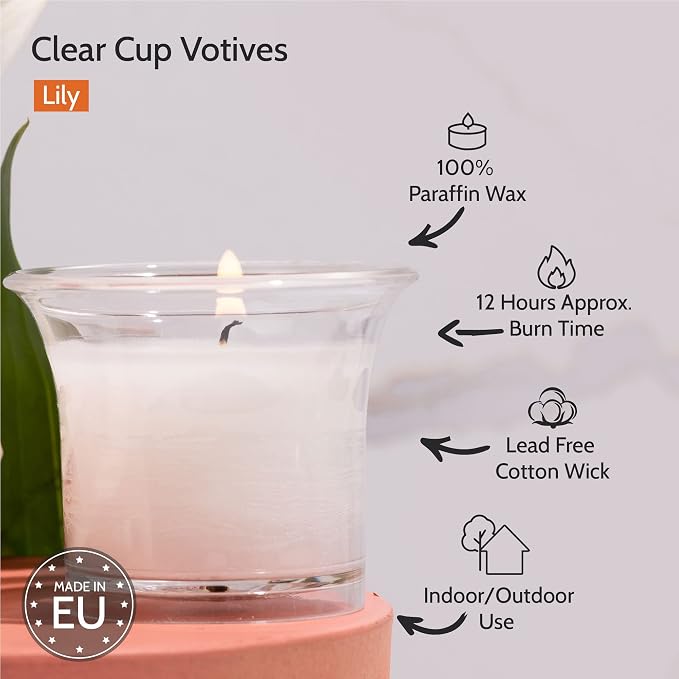 HYOOLA Clear Cup Scented Votive Candles - Lily - 12 Hour Burn Time - 4 Pack - European Made