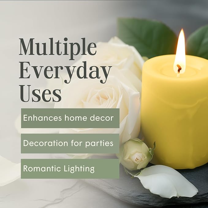Mister Candle Dripless Unscented Yellow Pillar Candles, Set of 3 Hand Poured Solid Color Non-Scented Candles for Home Decor, Premium Wax, 60 Hr Burn Time - 3x4 Inch, Yellow