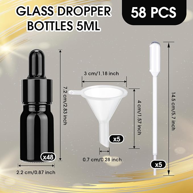 Patelai 48 Pcs 5 ml/ 0.2 oz Frosted Glass Dropper Bottles Essential Oil Bottles with Eye Dropper and Bamboo Lids Perfume Sample Essence Liquid Cosmetic Containers and Funnels (Black)