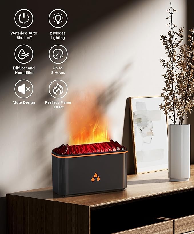 Essential Oil Diffuser, Flame Air Aromatherapy Diffuser, 7 Color Changing Light, Aromatherapy Humidifier with Auto Shut-Off for Home, Bedroom, Yoga, Spa(Black)