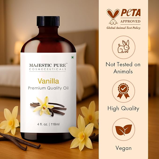 Majestic Pure Vanilla Essential Oil with Glass Dropper - 4 Fl Oz - 100% Pure and Natural Vanilla Oil - Premium Grade Essential Oils for Diffuser, Aromatherapy, Soap and Candle Making