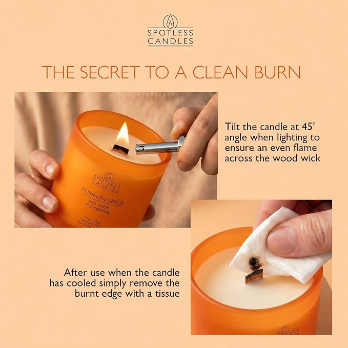 Pumpkin Spice Candle; 9.7 oz:, 55 Hrs Burn Time, Soy Wax Orange Frosted Jar with Crackling Wooden Wick & Luxury Gift Box: Pumpkin Spice Scented Candle by Spotless Candles