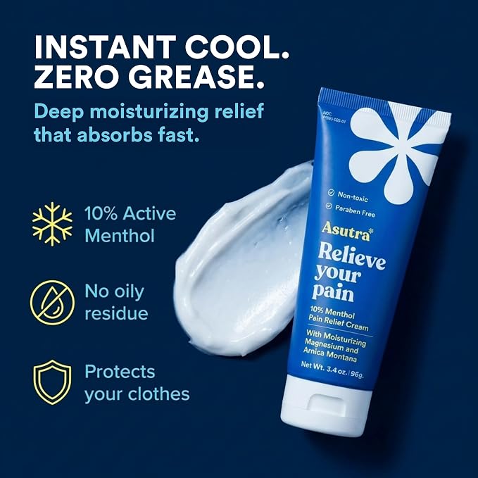 ASUTRA Muscle Pain Relief Cream, Cooling Menthol with Moisturizing Magnesium and Arnica Montana Oil, 3.4 oz