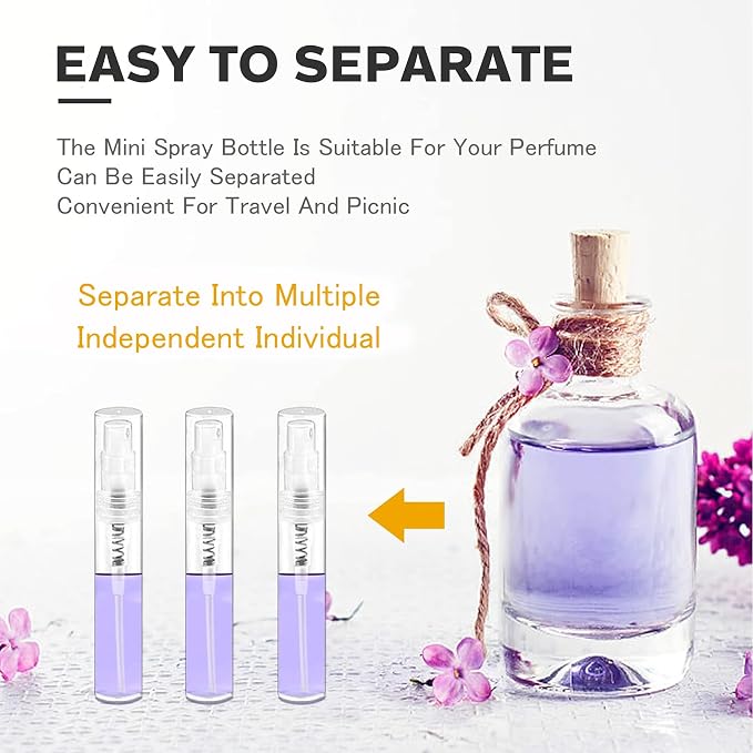 Mini Spray Bottle, Clear Plastic Empty Sample Containers, Fine Mist Perfume Travel Refillable Spray Bottle Perfume Atomizer Small Portable Bottle for Cleaning, Travel, Essential Oils(60, 3ml)