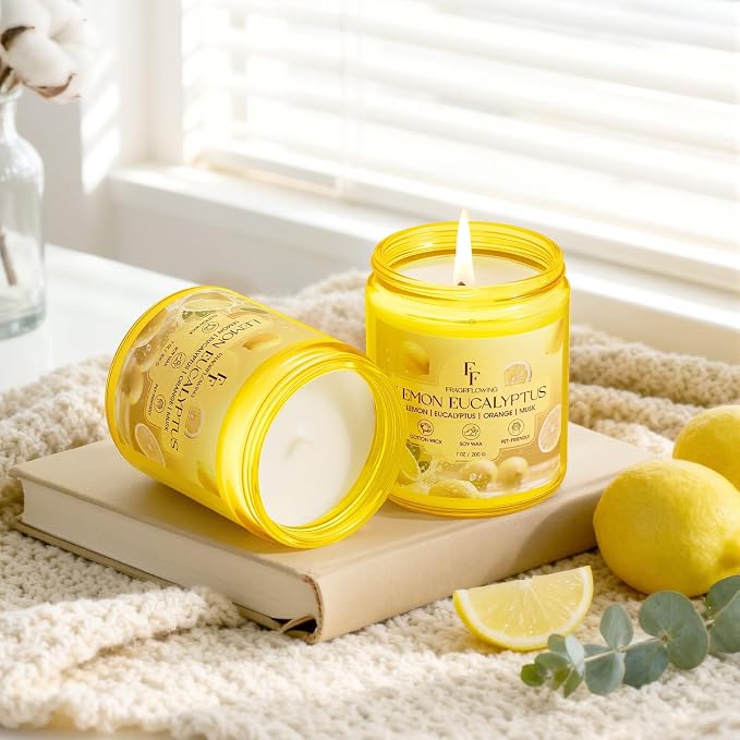Lemon Eucalyptus Scented Candle, Natural Soy Wax Jar Candle for Home Scented, 100-Hour Burn Time Gifts for Women Men, 7 oz (2 Pack)