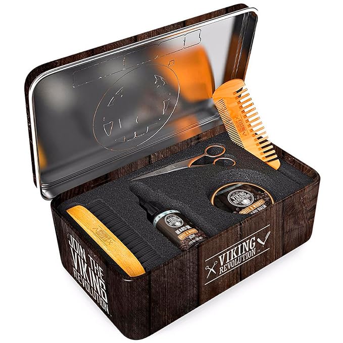 Viking Revolution - Ultimate Beard Kit Coffee and Whiskey - Beard Grooming Kit for Men with Beard Brush, Beard Comb, Beard Balm, Beard Oil, Beard and Moustache Scissors - Husband Gifts for Men