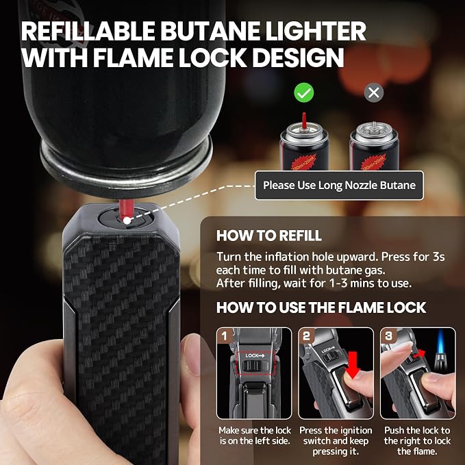 Butane Torch Lighter, Refillable Gas Lighter Cooking Torch, Adjustable Kitchen Torch with Safety Lock - Windproof Jet Flame Blue Fire for Camping Baking BBQ Grill Candle (Gas Not Included)