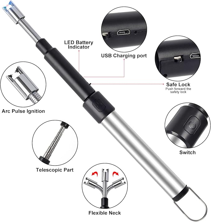 Candle Arc Lighters Long Flexible Neck 70cm Rechargeable Telescopic Electric Flameless Lighter for Kitchen Fireplace Pilot Light BBQ Stove (Silver)