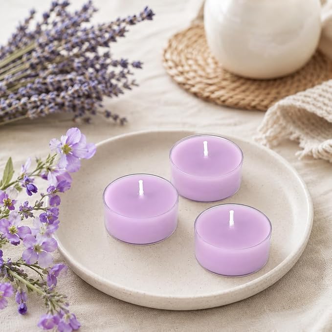 Violet Scented Tealight Candles, Purple Scent Tea Lights Candles Clear Cup, 24 Pack Colored Tealights Candle, 6 Hour Burn Time Tea Candles for Party, Decor, Spa, Shabbat