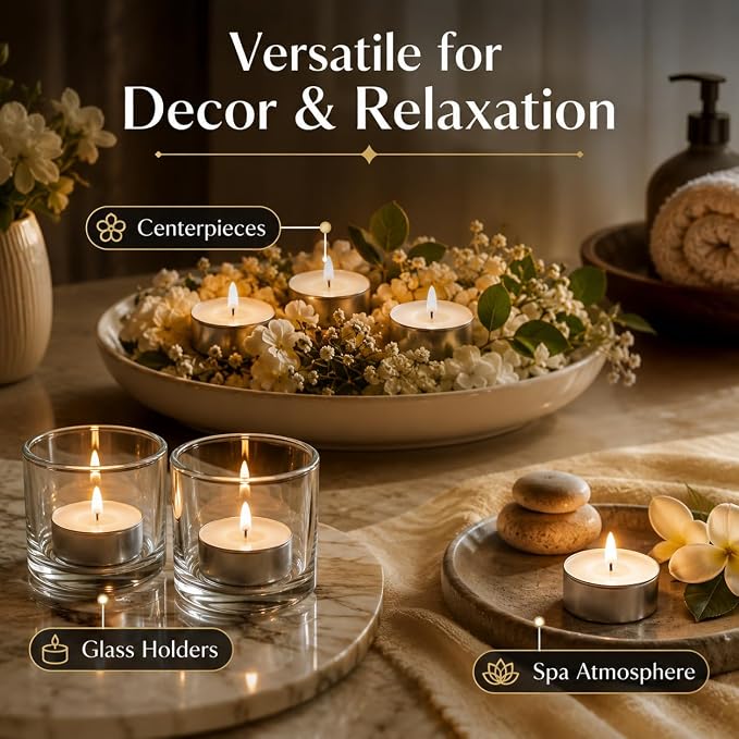 Tealight Candles - Tea Lights Candles Unscented Tea Tree Lights Mini Votive with Cotton Wick for Decorating Home,Pool,Shabbat,Wedding,Emergencies,Christmas,Halloween,Parties, Spas