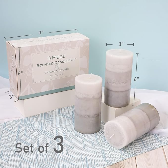 Set of 3 Scented Candles 3" x 6" Creamy Coconut Scented Hand Poured Grey White Pillar Candles Long Burning Smokeless Cotton Wick Candles Gift Set for Spa Wedding Home Decorations