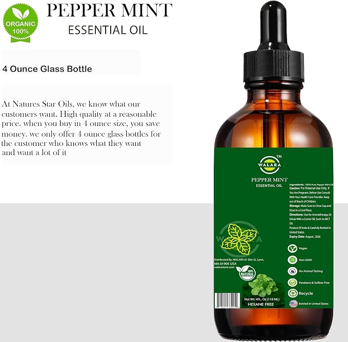 Peppermint Essential Oil - 4 oz | 100% Pure & Natural for Aromatherapy, Skin, Hair & Scalp Care