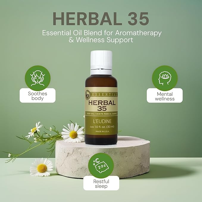 L’EUDINE Herbal 35 Essential Oil Blend - 35 Natural Extracts with Peppermint, Eucalyptus & Lavender - Relaxing Aromatherapy Oil for Diffuser, Massage & Stress Relief - Vegan & Pure Wellness, 1 Fl Oz